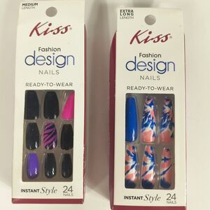 KISS Fashion Design Press On Nails Bundle 2 Sets Medium & Extra Long Ready To...